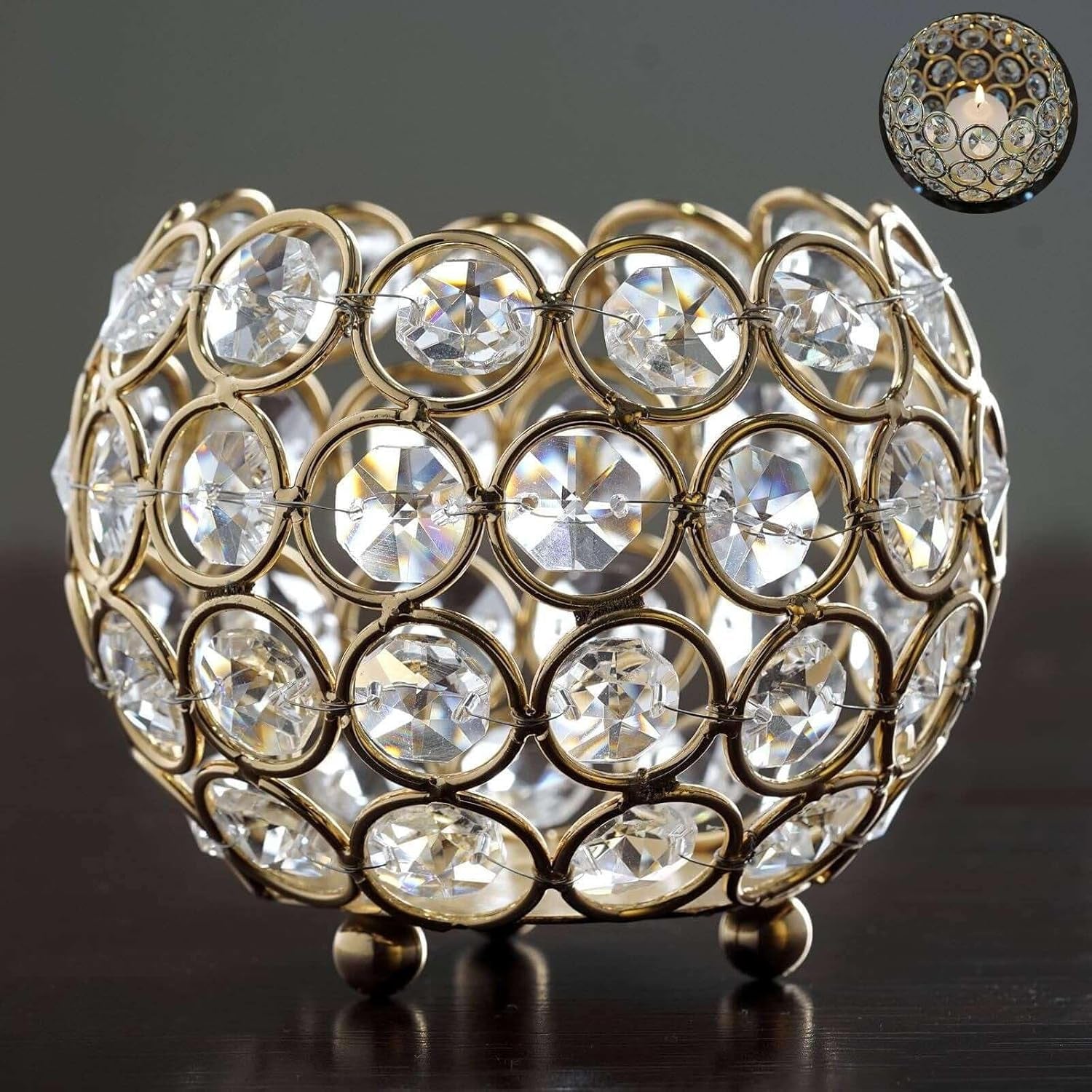 Gold Crystal Beaded Votive Tealight Wedding Crystal Candle Holder - 4" Dia X 3.5" Tall