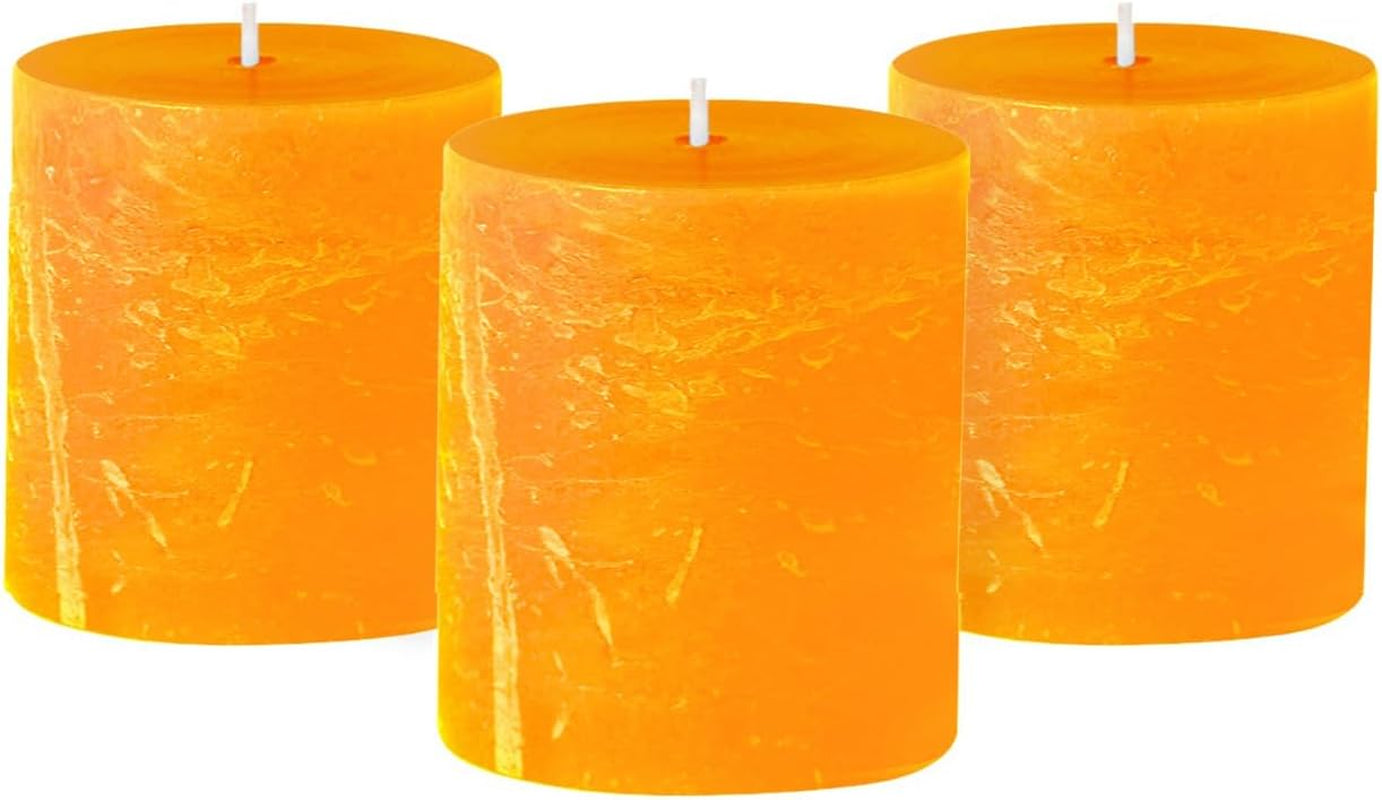 3X3 Inch Orange Candles Pillar, Fall Pillar Candles Set of 3, Rustic Texture, Unscented Orange Pillar Candles for Fall, Dripless Candles, 3 Inch Orange Candles, Fall Candles